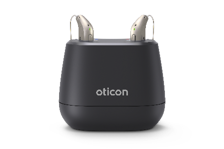 Oticon Intent hearing aids placed in charger